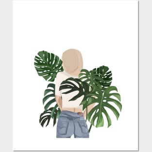 Girls with monstera plant leaves Posters and Art